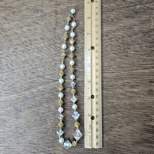 Vtg 1950s Aurora Borealis Faux Pearl Crystal Gold Tone Beads Hook Necklace 17"